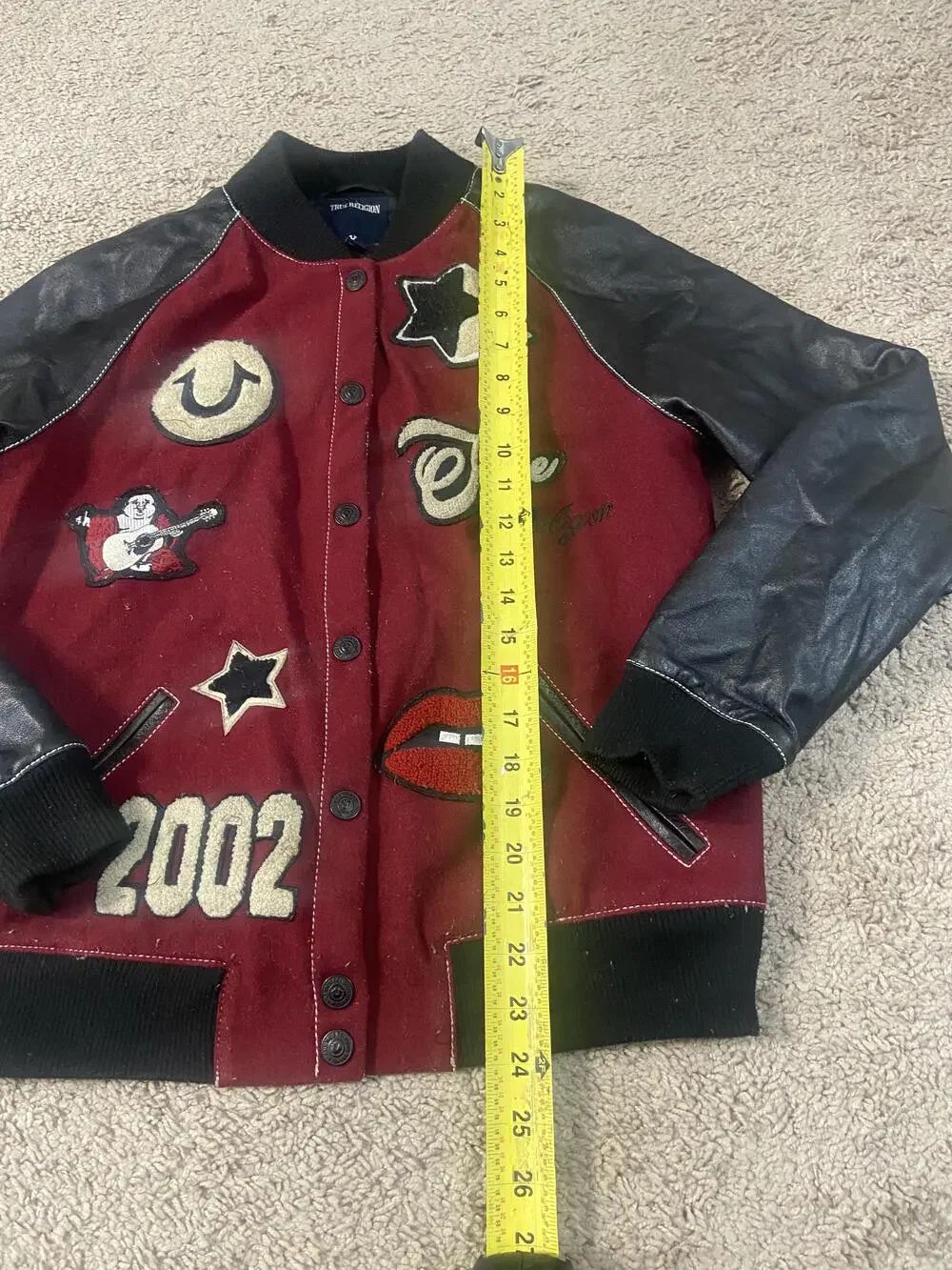 True Religion Jacket Mens Small Red Black Varsity Letterman 2002 Patches Bomber